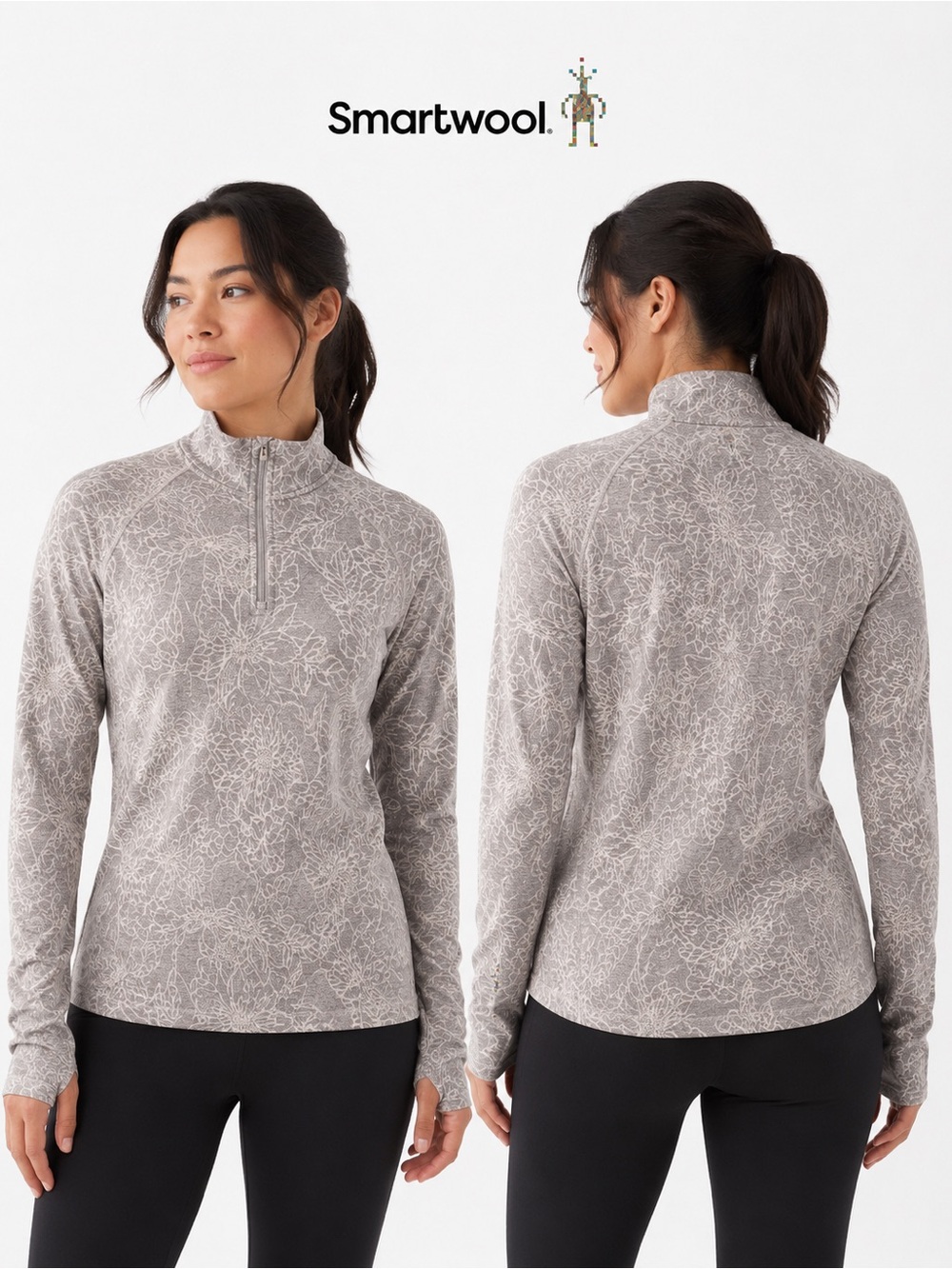 Smartwool Dahlia Pattern Women's Light Grey 1/4 Zip Merino Wool Base Layer